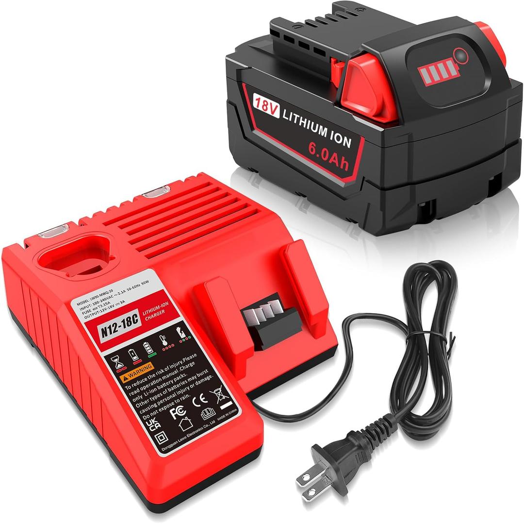 18V 6Ah Battery and N12-18C Dual Port Charger Set for Milwaukee Tools M12 Mk-18 48-11-1850 48-11-1860 48-11-1820 48-11-1840 48-11-1815 48-11-1830 48-11-1870 Fast Charging