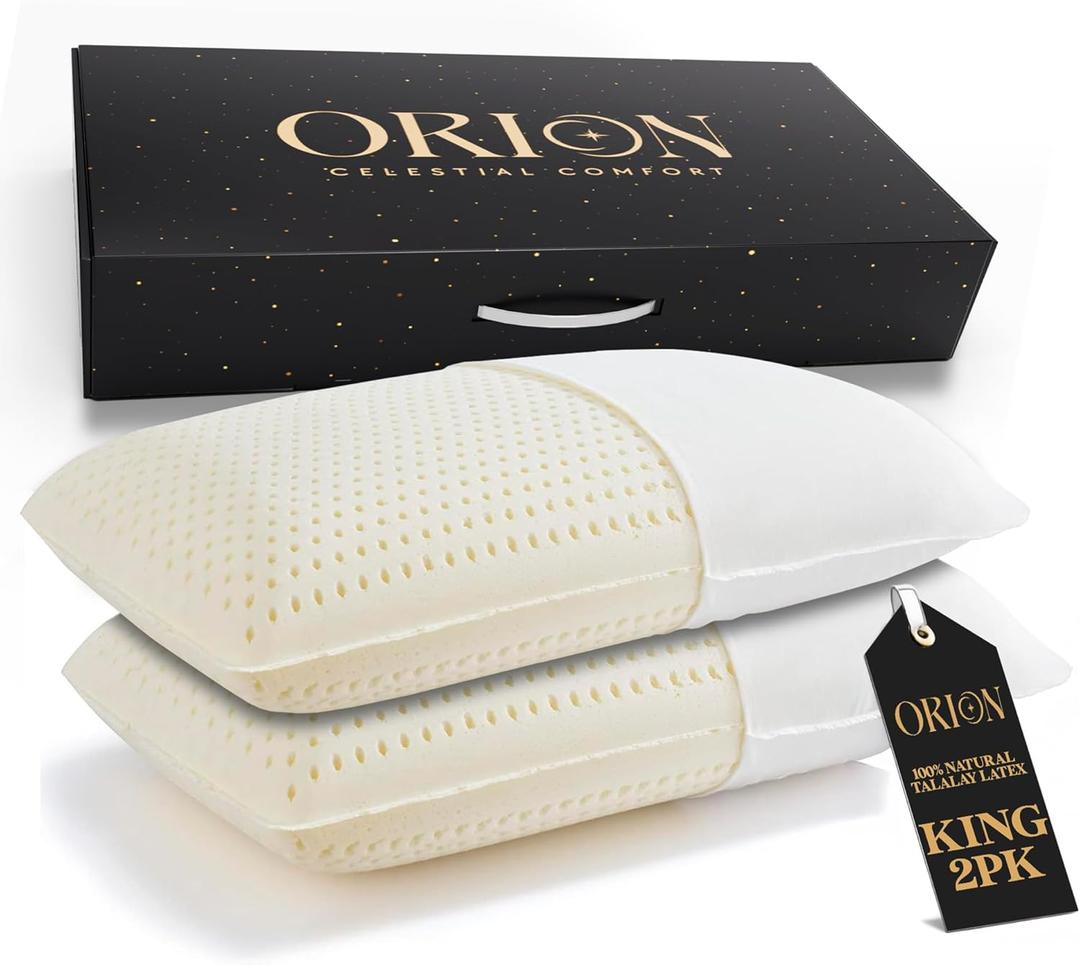 ORION Talalay Latex King Pillows 2 Pack - 100% Natural Latex Foam with L-Shaped Easy-Open Cover, Organic Cotton Protector & Lavender Aroma Bag - No Vacuum Packing  33.46 x 15.75 x 5.91 in