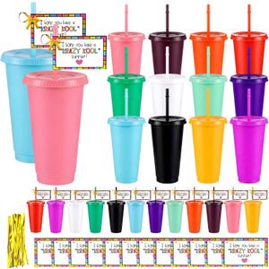 24 Sets End of Year Student Gifts from Teacher 24 oz Summer Plastic Tumbler with Lid and Straw Crazy Cards Colorful Reusable Cups Bulk for End of Year Graduation Gifts