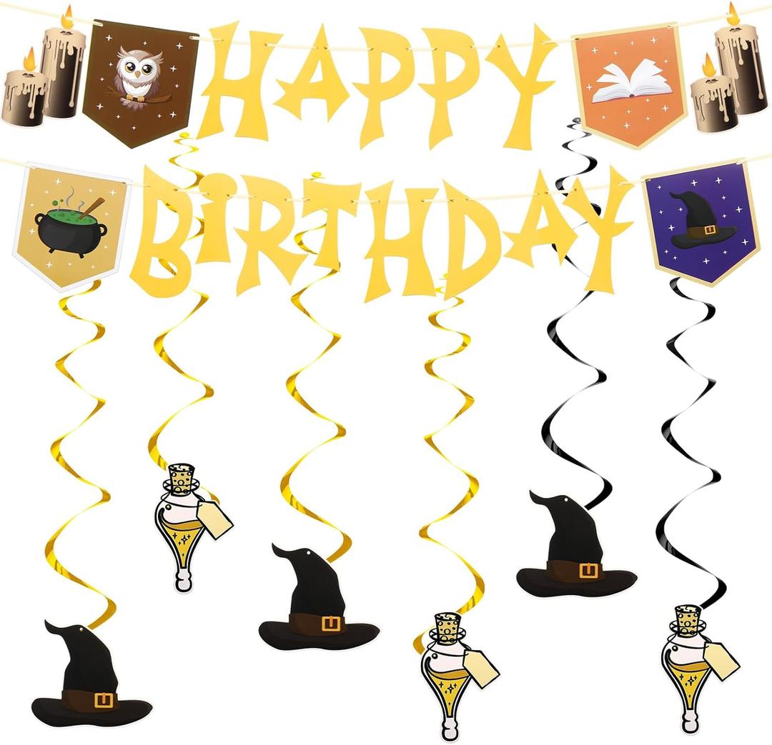 Remagr 13 Pcs Halloween Birthday Decorations Include Wizard Birthday Backdrop Banner and Magical Theme Wizard Hanging Swirl Decorations, Photoshoot Backdrop Foil Swirls Streamers for Party