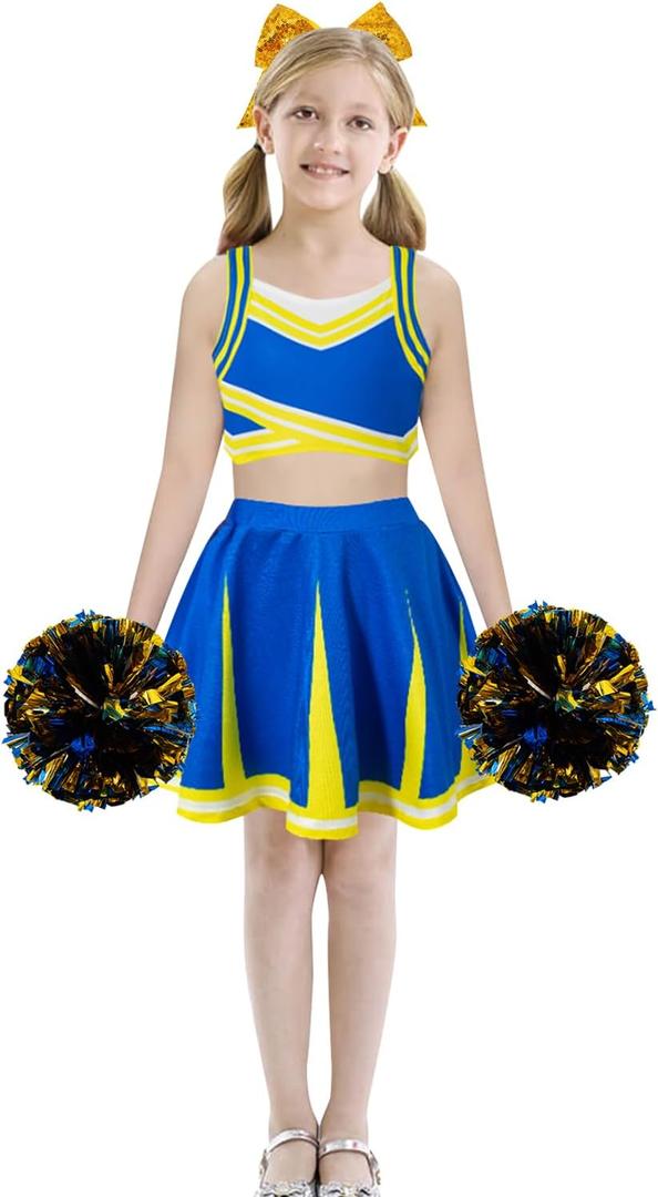 QIKUBI Girls Cheerleader Costume Halloween Cheerleading Uniform Outfit with Accessories for Kids (10T, Blue)