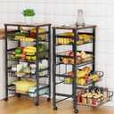 5-Tier Rolling Utility Cart, Kitchen Storage Cart with Wheels, Large Capacity Utility Cart with Wooden Tabletop & Mesh Baskets for Kitchen, Bathroom, Laundry Room (Black)