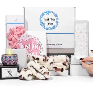 Cotton Pad Holder Christmas Birthday Gifts Sets For Women,Automatic Reusable Square Dustproof Waterproof Cosmetic Bathroom Pad Dispenser include Headband,Wrist Bands,Hair Clips Scented Candles (White)