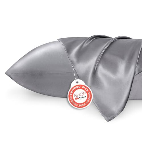 Bedsure Satin Pillowcases, Similar to Silk Pillowcase 2 Pack,Cooling Pillow Case for Sleeping Women with Envelope Closure, Gifts for Women Men, Dark Grey, Queen Size, 20x30 Inches, 2pcs