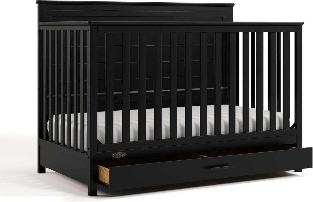 Graco Tristan 5-in-1 Convertible Crib with Drawer (Black) GREENGUARD Gold Certified, Fits Standard Crib Mattress, Premium Handle, Converts to Toddler Bed, Daybed, and Full-Size Bed, 30"L x 55"W x 40"H