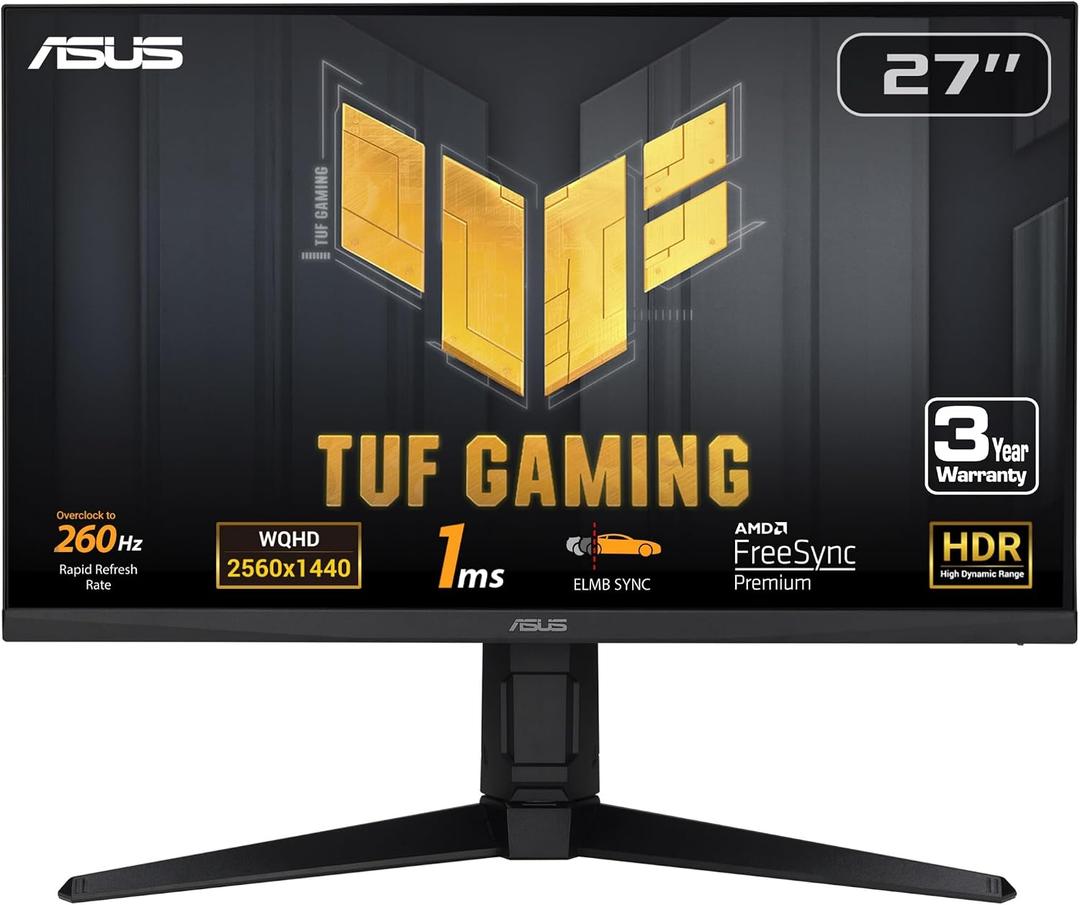 ASUS TUF Gaming 27” 1440P Gaming Monitor (VG27AQML1A) - QHD (2560 x 1440), 260Hz, 1ms, Fast IPS, Extreme Low Motion Blur Sync, G-SYNC Compatible, Freesync Premium, Variable Overdrive, DisplayHDR™ 40