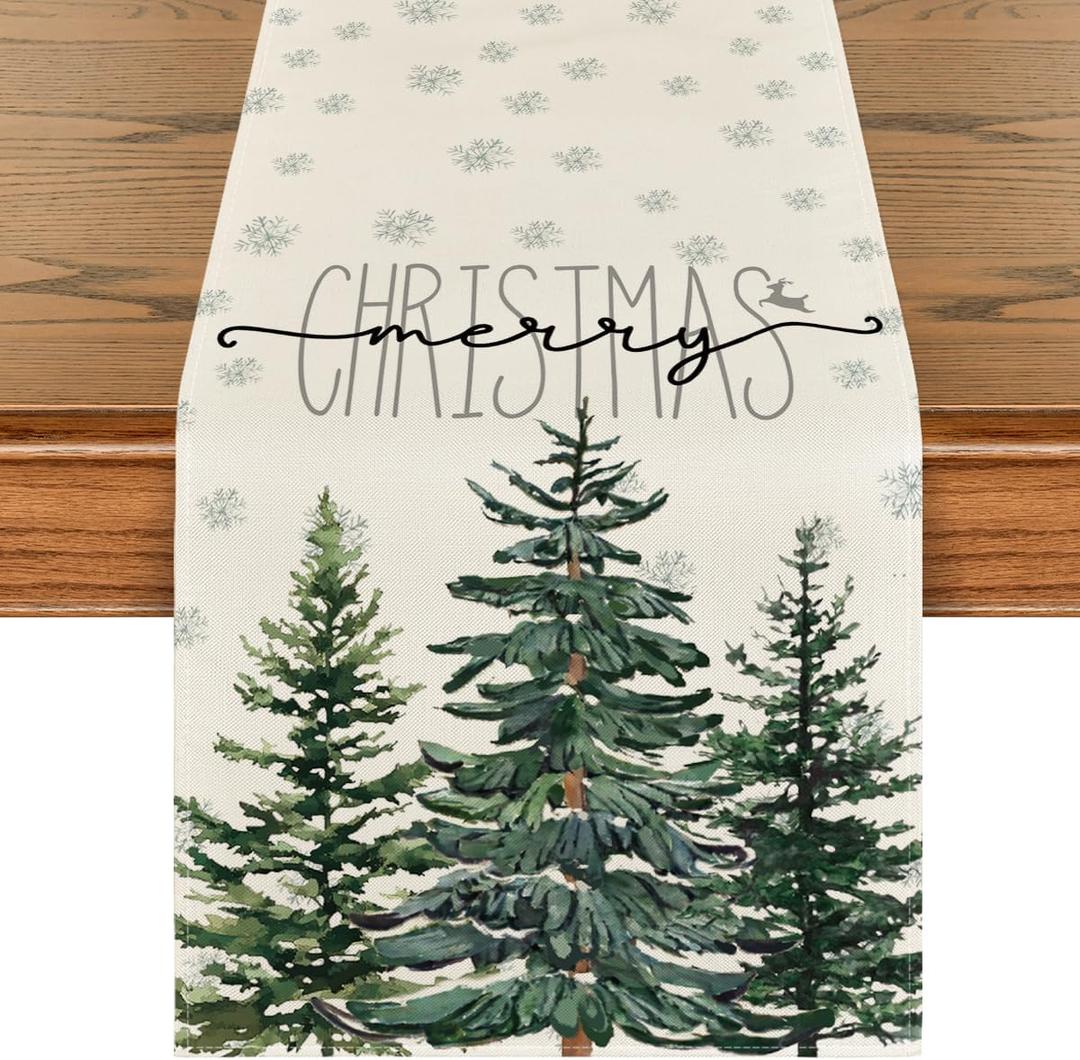 Artoid Mode Beige Pine Tree Snowflake Merry Christmas Table Runner, Seasonal Winter Xmas Holiday Kitchen Dining Table Decoration for Home Party Decor 13 x 36 Inch