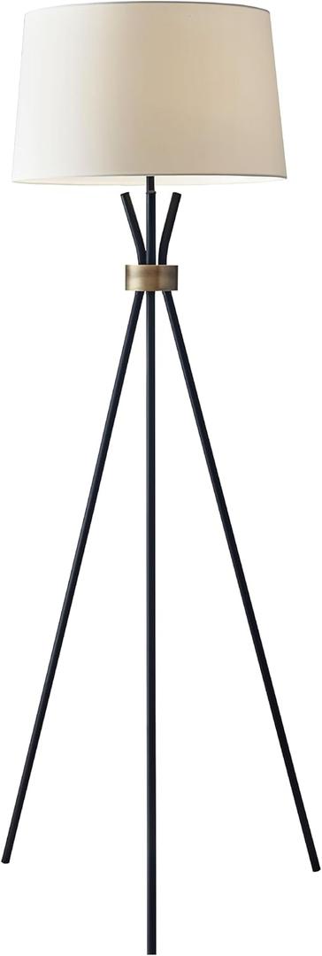 Adesso 3835-01 Benson Floor Lamp, 60 in., 150W Incandescent, Equivalent CFL, Black w/Antique Brass Accent, 1 Tripod Lamp
