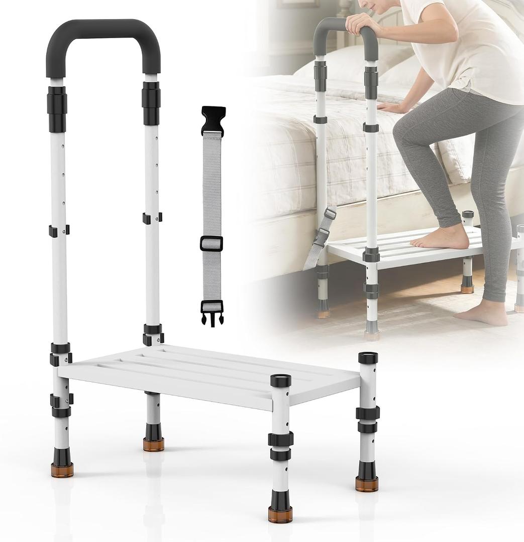 Wide Platform Medical Step Stool with Handle for Elderly/Adults - Heavy Duty 800lbs Capacity, Adjustable Handrail (32.5-40.4) for Bed, SUVs/Trucks & Bathroom Safety Classic White