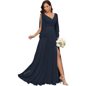 Women's Chiffon Mother of The Bride Dresses for Wedding V Neck Bridesmaid Dress with Sleeves Formal Evening Party Gown (Black)