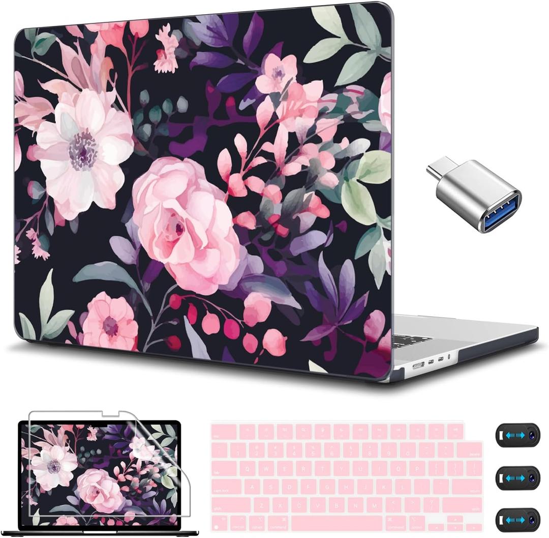 CISSOOK Compatible with MacBook Air 15 inch Case 2025 2024 2023 Release Model A3241 A3114 A2941, Flower Plastic Hard Shell Case Black Cover for MacBook Air M2 M3 M4 15 inch - Pink Flowers