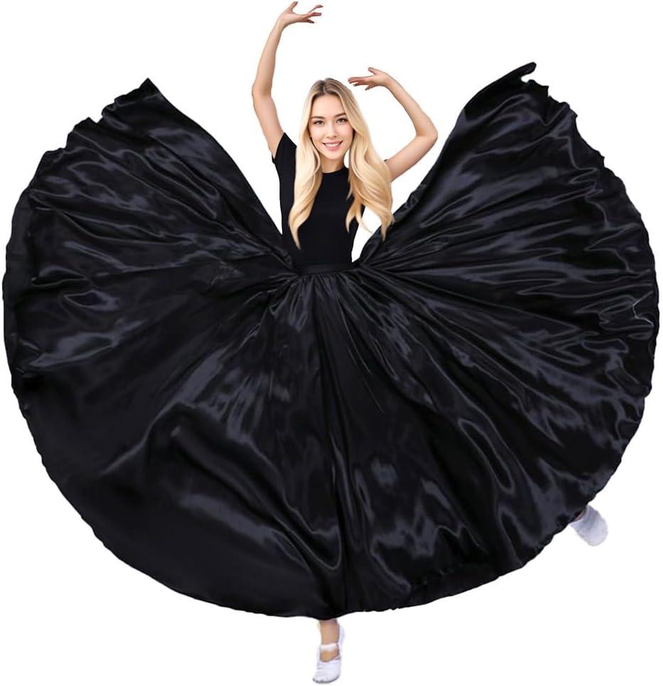 Women Satin Skirt Belly Dance Costume Festival Skirt Long Skirts Dancer Practice Wear 540 Degree (Black)