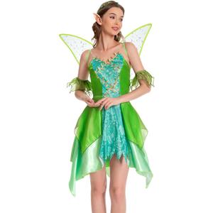 Adult Women Green Fairy Princess Dress with Wings & Ears, Elf Headpiece - Halloween Costume (Green, M)