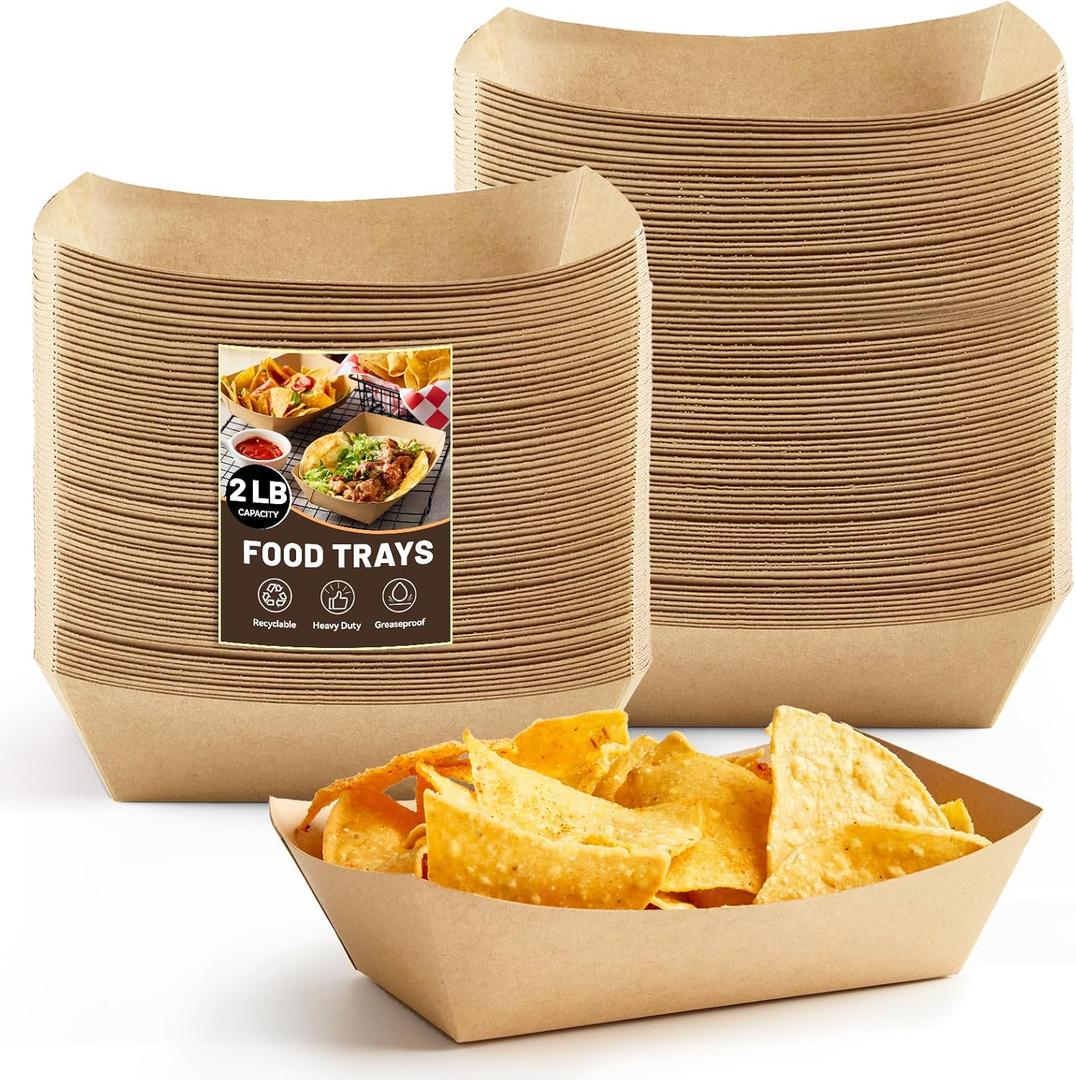 2 Lb Paper Food Trays - 100 Pack Disposable Nacho Trays Brown Food Boats Take Out Basket Holders for Serving Party Snacks Hot Dogs Tacos Fries