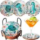 Coasters for Drinks Set of 6 Cork Base Coaster with Holder Sea Ocean Life Coastal Decor Beach Theme Tropical Thick Sturdy Cork Coasters for Housewarming Apartment Kitchen Bar Coffee Table Desk