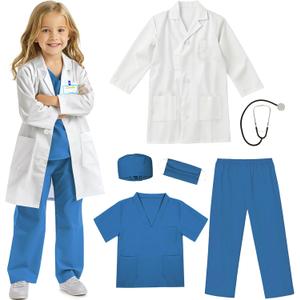 RioRand Doctor Costume for Kids With Stethoscope Lab Coat Career Day Costume Halloween Dress Up For Boys Girls (Blue)  M-120/4-5Y, Blue
