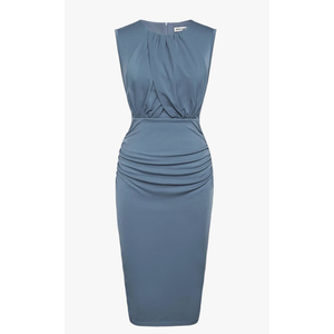 GRACE KARIN Women's Ruched Bodycon Dress Summer Sleeveless Front Drape Patchwork Crew Neck Midi Cocktail Dress
Color: Grey Blue, Size: XL