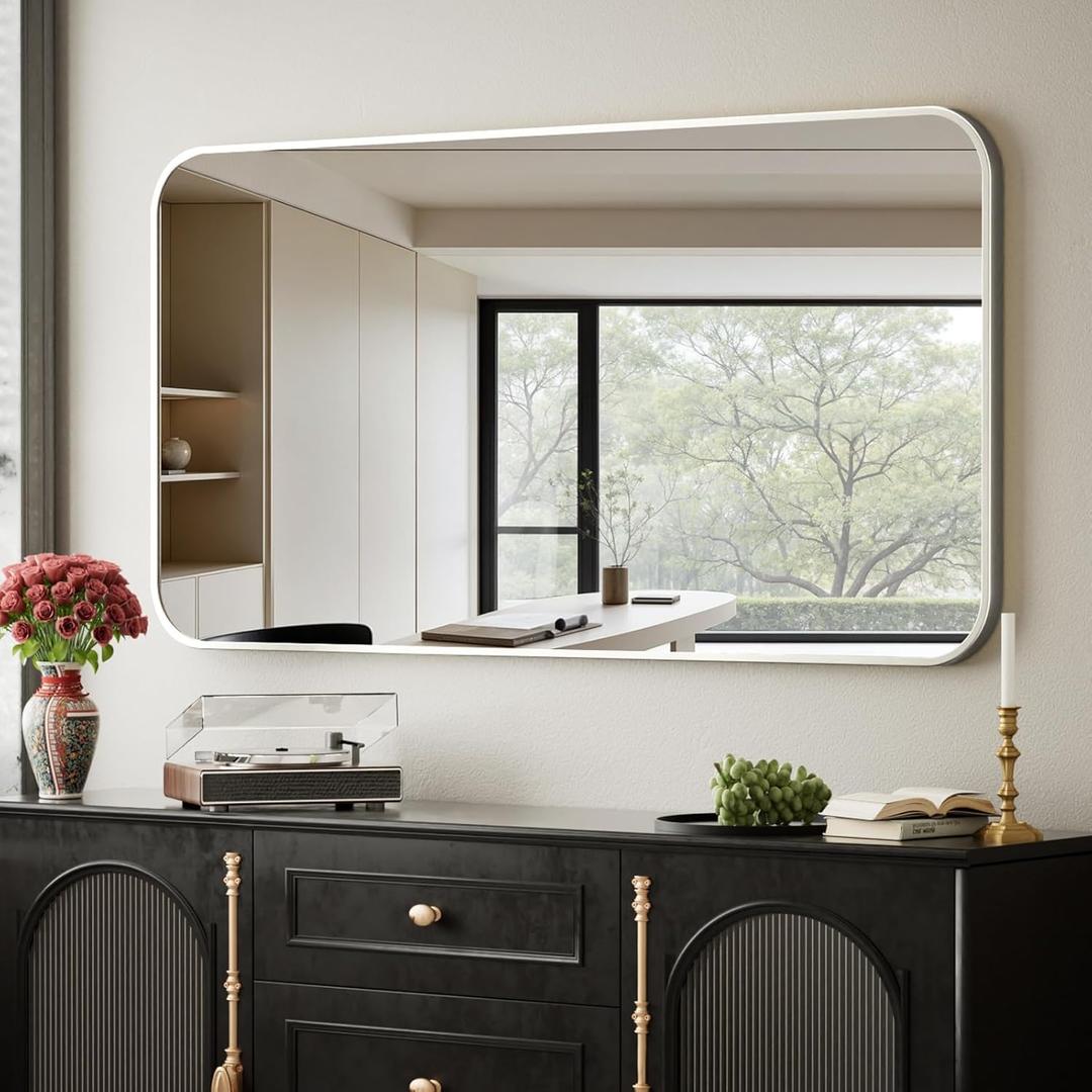 BEAUTYPEAK Wall Mounted Bathroom Mirror - 26" x 38" Silver Rectangular Aluminum Alloy Frame Mirror with Rounded Corners