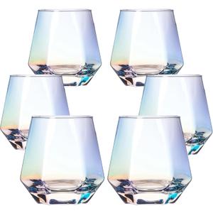 BACLIFE Hand Blown Stemless Wine Glasses Set of 6, 10 oz Crystal Red Wine Glass Premium Iridescent Diamond Shaped Drinking Glasses in Gift Box Unique Gift for Wedding, Anniversary, Mother's Day