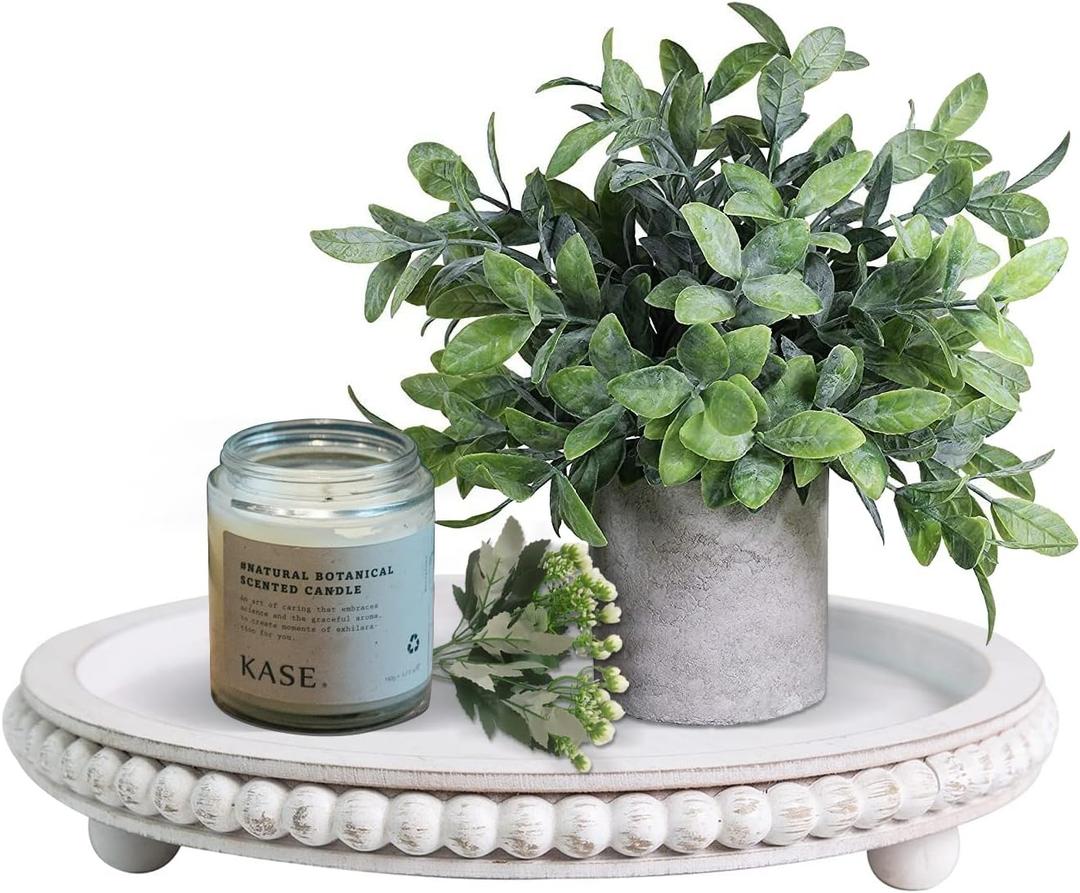 HPC Decor 12in Round Wood Tray - White, Distressed, Farmhouse Rustic - Decorative Tray for Living Room, Coffee Table, Kitchen Table or Farmhouse Serving Tray