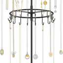 iDavosic.ly 2 Tier Rotating Necklace Holder Organizer with 42 Hooks, Adjustable Metal Bracelet Display Stand Rack, Extra Tall Keychain Spinning Tree Tower for Women, Black