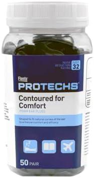Flents Protechs Contoured for Comfort Foam Ear Plugs, Soft & Comfortable Hearing Protection for Work, Construction, Heavy Machinery, Studying, Travel & Sleep, NRR 32, Easy to Use, Black, 50 Pairs