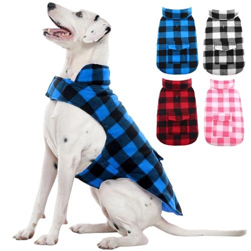 Kuoser Dog Winter Coat, Windproof Dog Fleece Jacket British Style Plaid Cold Weather Doggie Vest Coats, Reversible Cozy Warm Pet Clothes Apparel for Large Size Dogs L