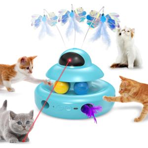 MOHAYA Cat Toys,4-in-1 Automatic Kitten Toy for Bored Indoor Adult Cats,lectric Flying Butterfly,Whack a Mole,Feather Track Balls,Blue