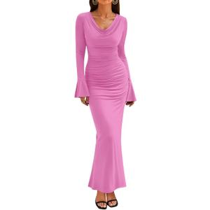 ZESICA Women's 2026 Fall Long Sleeve Ruched Knit Bodycon Maxi Dress Cowl Neck Back Slit Formal Wedding Guest Cocktail Dresses (Pink, S)