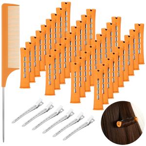 43 Pcs Hair Perm Rods Set, Large Plastic Cold Wave Rods Orange Curling Rods with Rat Tail Combs Hair Clips for Long Short Hair