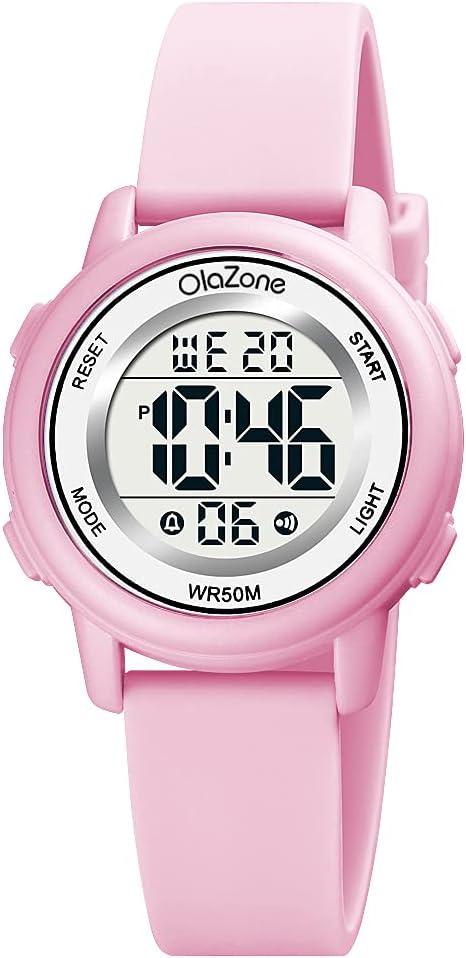 Kids Watch Girls Digital 7-Color Flashing Light Water Resistant 164FT Alarm for Age 7-12 (pink1)
