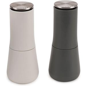 Joseph Joseph Mill top Non-Spill Salt and Pepper Mill 2-piece Set, Refillable with Ceramic Grinder, Adjustable Grinding Size, White/Dark Grey (Gray)