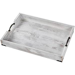Large Wood Rectangular Serving Tray 20 x 14 Inch Rustic Wooden Ottoman Tray with Metal Handle and Wrapped Corners, Wood Coffee Table Tray Solid Pine Decorative Tray Whitewashed
