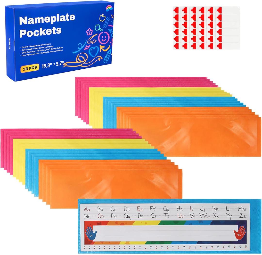 Nameplate Pocket, Name Tag Pockets for Desks, 19.3" x 5.7" Non-Woven Fabric Adhesive Clear Nametag Sleeves Covers for Student Desks, Classroom Suppliers (36 PCS)