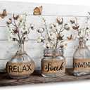 Relax Soak Unwind Canvas Wall Art, Farmhouse Bathroom Painting Picture Wall Decor, Cotton Flower Butterfly Poster Print Artwork for Restroom Home Decoration 12x16in