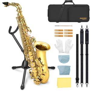 SONICAKE Alto Saxophone E Flat - Beginner Friendly Gold Saxophone Full Kit for Students with Carry Case, Mouthpiece, Reeds & Accessories QSX-01