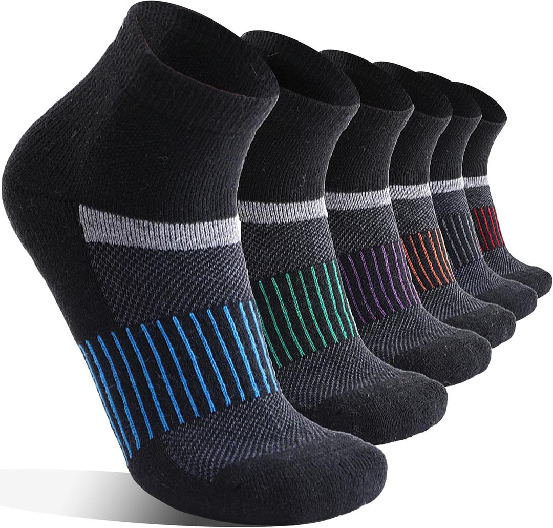 6 Pairs Merino Wool Ankle Running Hiking Socks Compression Support Breathable Thick Cushion No Show Socks for Women Men (Large, Black Mixed(quarter Socks))