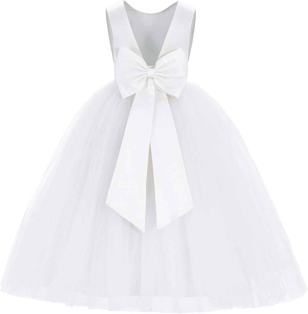 ekidsbridal V-Back Satin Flower Girl Dress Toddler Communion Gown Formal Dresses 219 (White) Size 6