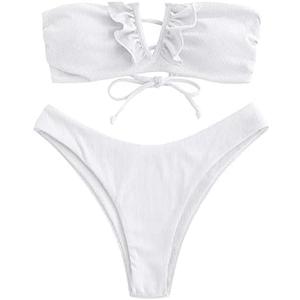 ZAFUL Women's Strapless Ribbed V Wired Lace Up Ruffle Tie High Cut Bandeau Swimsuits Bikini Set, M