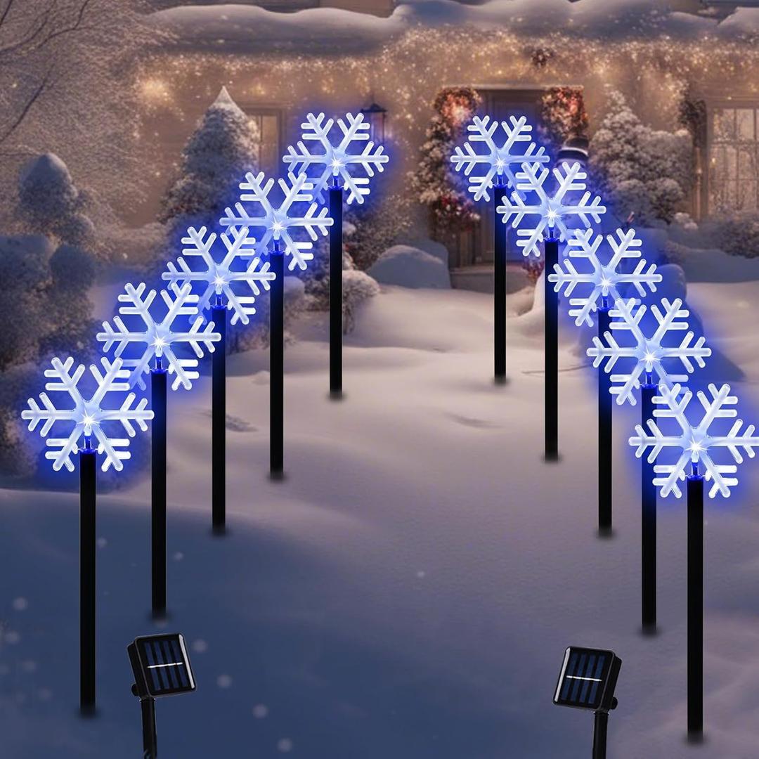 BRIGHTDECK Snowflake Solar Christmas Decorations Outdoor, 10 Pack LED, Waterproof Snowflake Pathway Lights, Stake Lights for Christmas Garden Decor (10Pcs Blue)