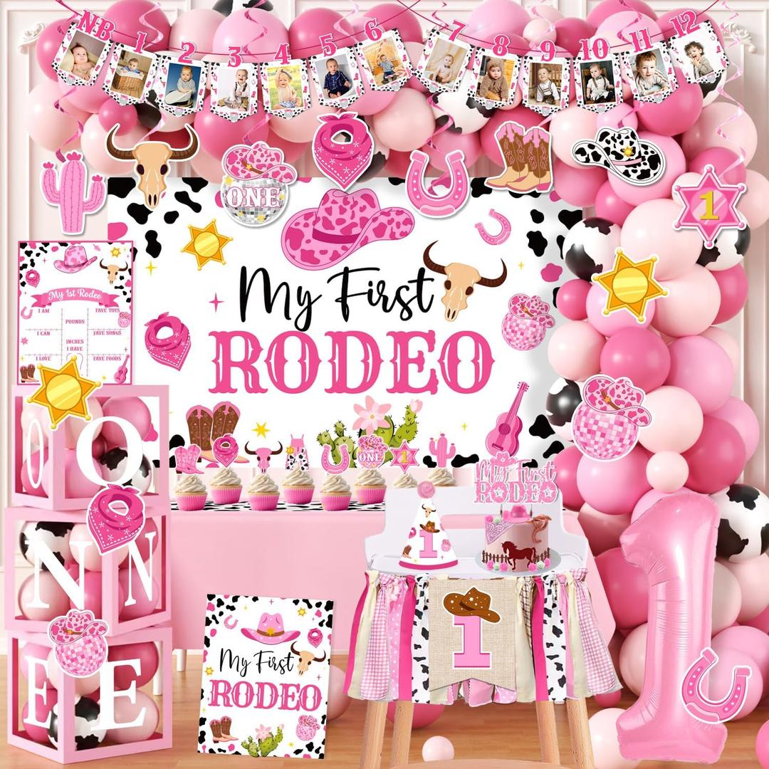155Pcs My First Rodeo Decorations Girl,Western Cowgirl 1st Birthday Balloon Arch,Banner,ONE Box,Tablecloth Theme Party Supplies for Baby Girl 1st Birthday,Girls Baby Shower Party