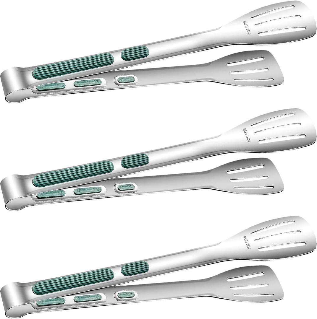 Stainless Steel Kitchen Tong Set - Anti-Slip Heat-Resistant Grip, Widened 3-Line Slotted Heads for Easy Clamping (Steaks, BBQ, Pasta, Salads), Easy Clean for Versatile Use Set of 3-11", Green, Pack Of 3