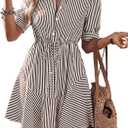 MASCOMODA Womens Puff Short Sleeve Striped Mini Summer Dress Spring Casual V Neck Button Down A Line Short Work Shirt Dresses, Large