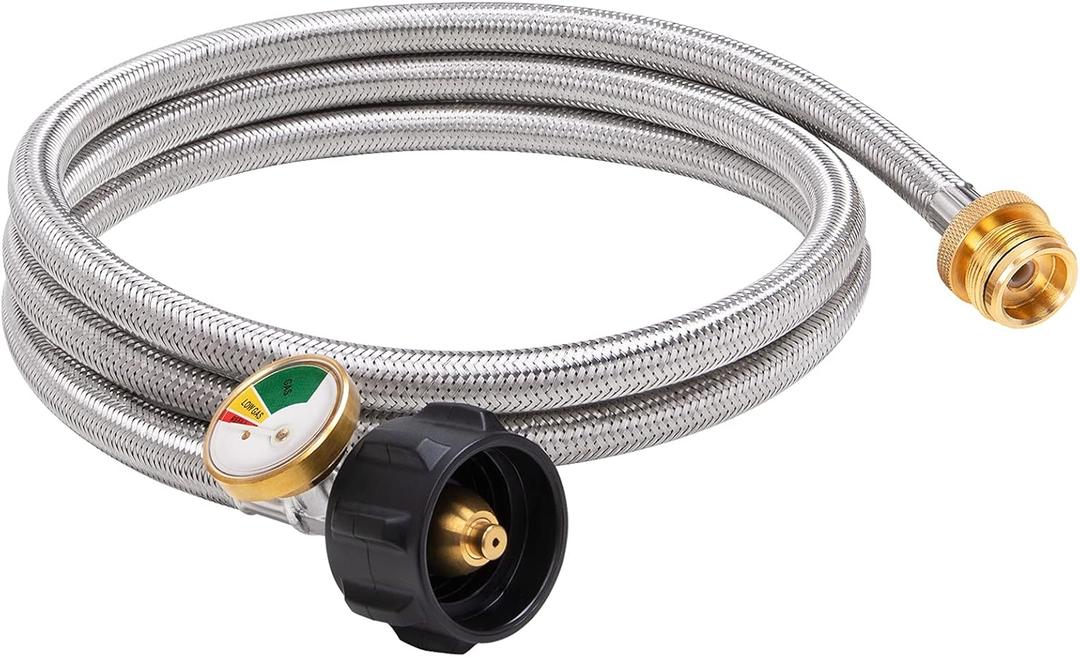 SHINESTAR 6 FT Braided Propane Hose Adapter with Gauge, Fits for Blackstone Tabletop Griddle, Coleman Camping Stove, Weber Q Grill and More, Connects to 5-20 lb Propane Tank