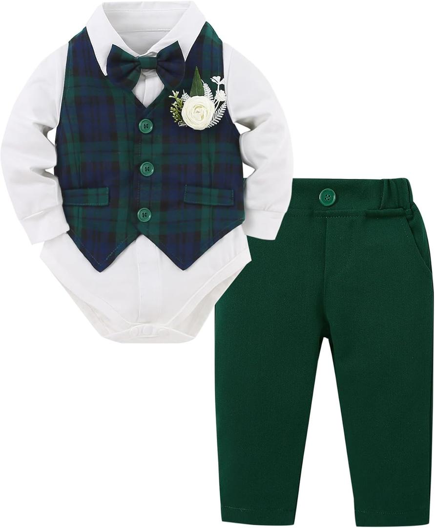 YUEMION Baby Boy Clothes Suit Infant Gentleman Wedding Outfit Formal Dress Shirt+Vest+Tie+Corsage+Pants 5Pcs Tuxedo Set 0-18M (0-3 Months, White and Green)
