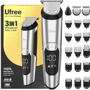 Ufree 3-in-1 Beard Trimmer Kit, Men's Electric Shaver Razor for Mustache Body Nose Facial Hair, Professional Hair Trimmer, Rechargeable Clippers, Waterproof Beard Grooming, Birthday Gifts for Men