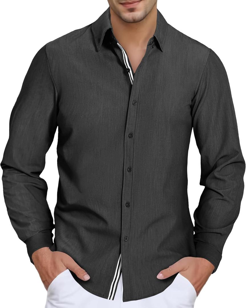Men's Stretch Denim Dress Shirt Long Sleeve Casual Button Down Everyday Shirts Fall Winter Wedding Shirts (Black, L)