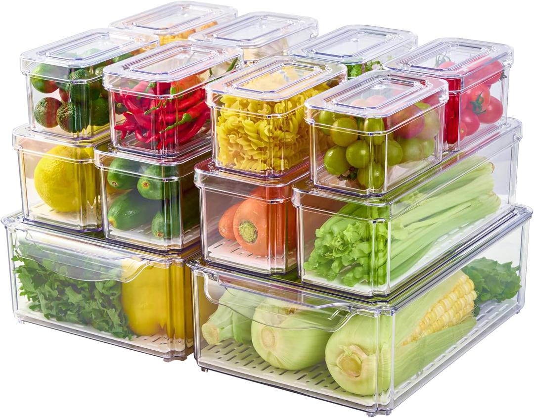 JollyPack 14 Pack Fridge Organizers, Refrigerator Organizer Bins with Lids, BPA Free Stackable Fruit Storage Containers for Fridge, Vegetables, Food and Drinks