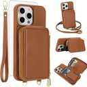 Phone Case for iPhone 15 Pro Max 6.7 inch Wallet Cell Cover with Tempered Glass Screen Protector Crossbody Strap Lanyard RFID Blocking Card Holder i Phone15 15Pro i15 ProMax 15ProMax Women Men Brown