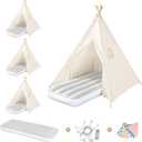 Sumbababy 4 Pack Teepee Tent for Kids Slumber Party - Sleepover Tents with Inflatable Airbeds, Natural Canvas Play Tent Indoor, Washable Fabric, Lights & Colorful Flags